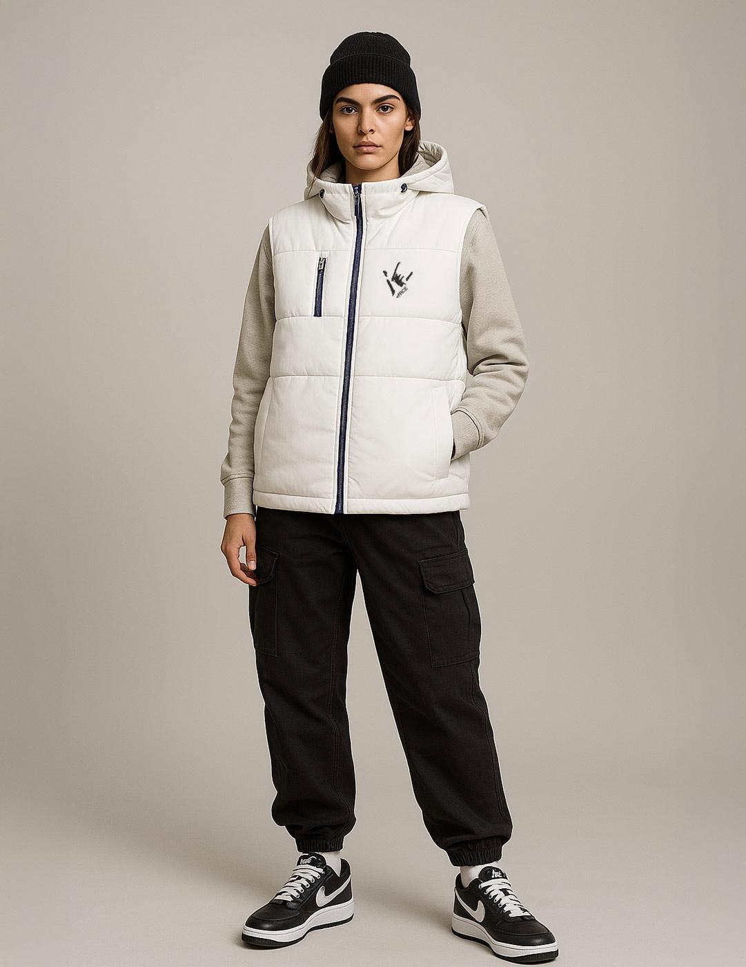 Chaleco blanco con capucha unisex Galiza Manda Puta | Arce Perro Viejo