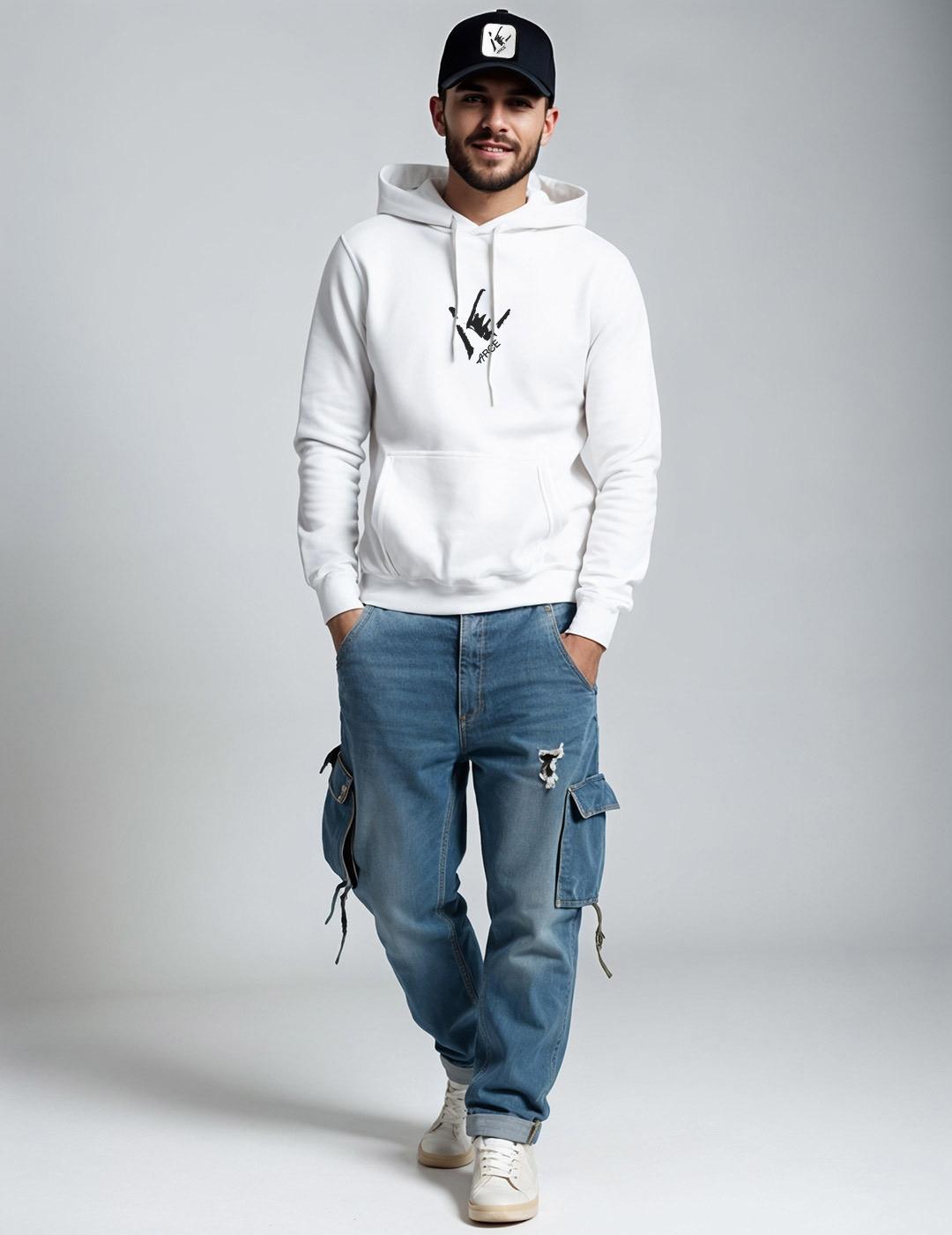 Sudadera unisex blanca con capucha Demasiada Gente | Arce Perro Viejo